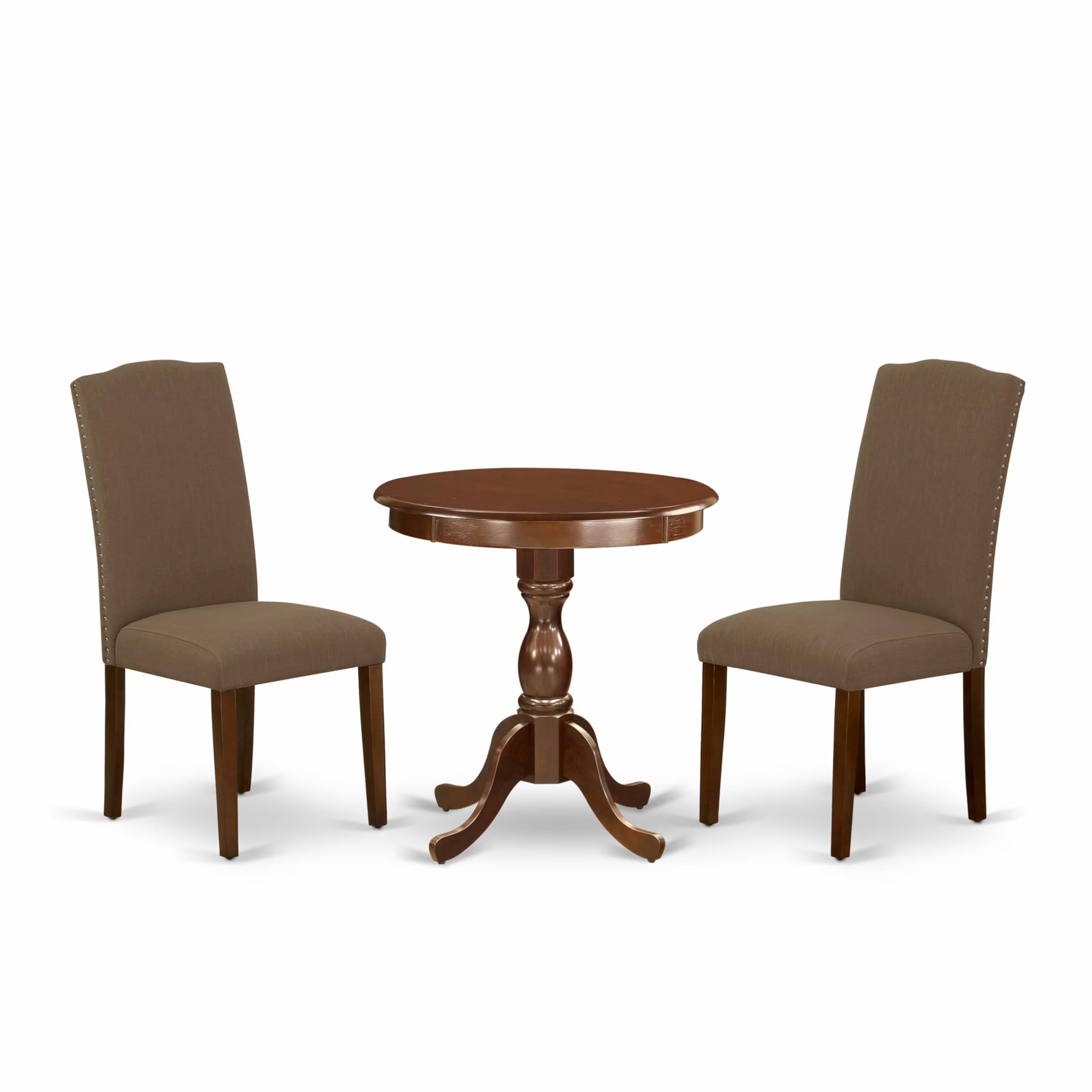 East West Furniture Esen3-Mah-18 3 Piece Dinette Set For Small Spaces Contains A Round Dining Table With Pedestal And 2 Dark Coffee Linen Fabric Upholstered Chairs, 30X30 Inch, Mahogany